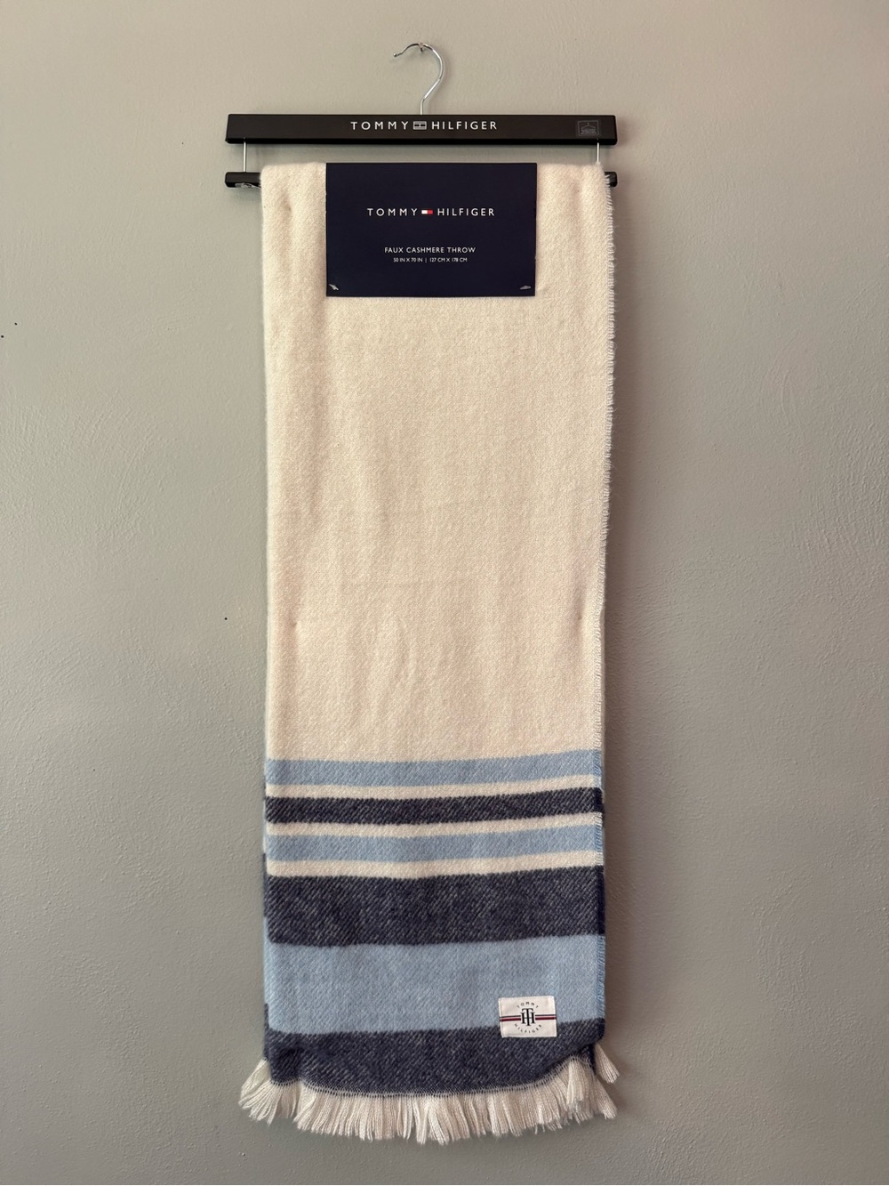 Tommy Hilfiger Cream, Light Blue & Navy Striped Faux Cashmere Throw